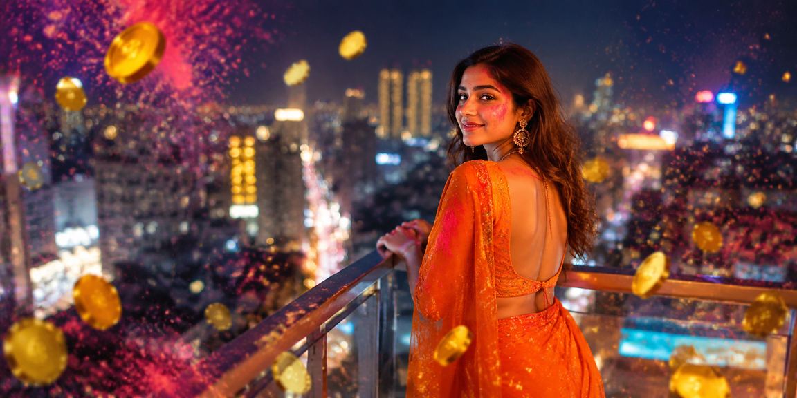 Delhi city scene with Holi festival festivities and lottery tickets